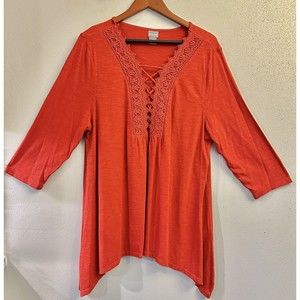 Chicos womens‎ Top 3/4 Sleeve Sharkbite hemline Lace Up Lace Trim Size 3(XL) Red